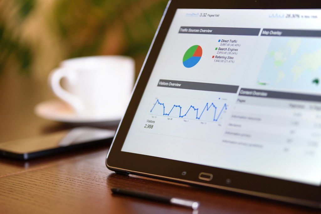 Close-up of a tablet on a wooden desk displaying an analytics dashboard with a traffic-sources pie chart and visitors line graph, a blurred coffee cup and phone in the background
